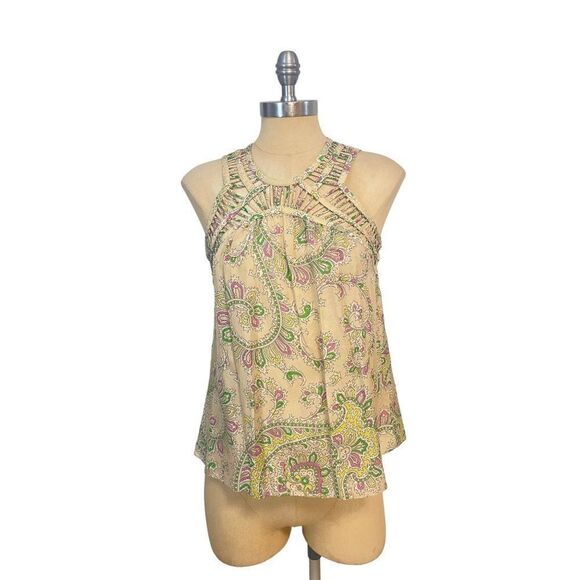 Anthropologie Leifnotes 100% Silk Paisley Print Lattice Trim Sleeveless Top 2 - Picture 1 of 5